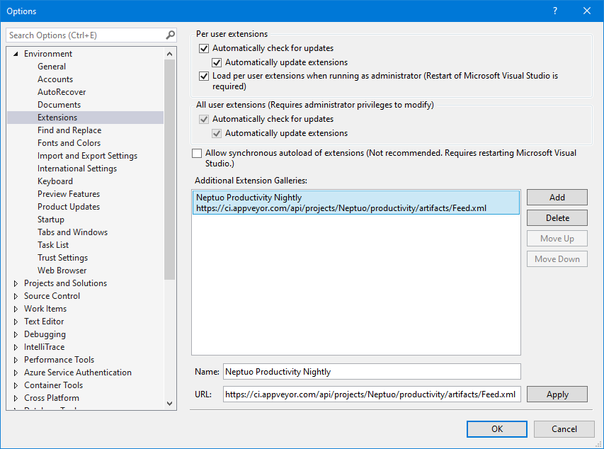 Visual Studio extension feed settings